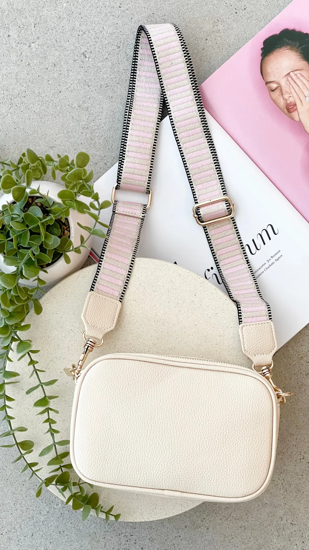 Bella Striped Webbing Camera Bag - Cream / Pink