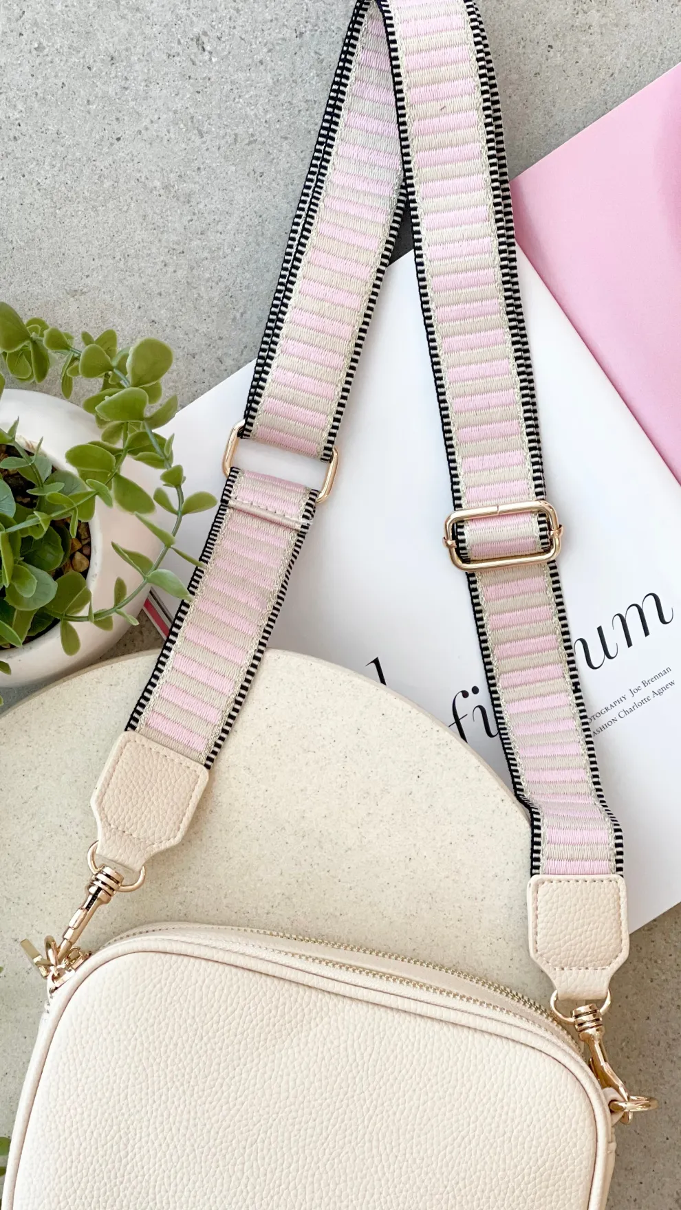 Bella Striped Webbing Camera Bag - Cream / Pink