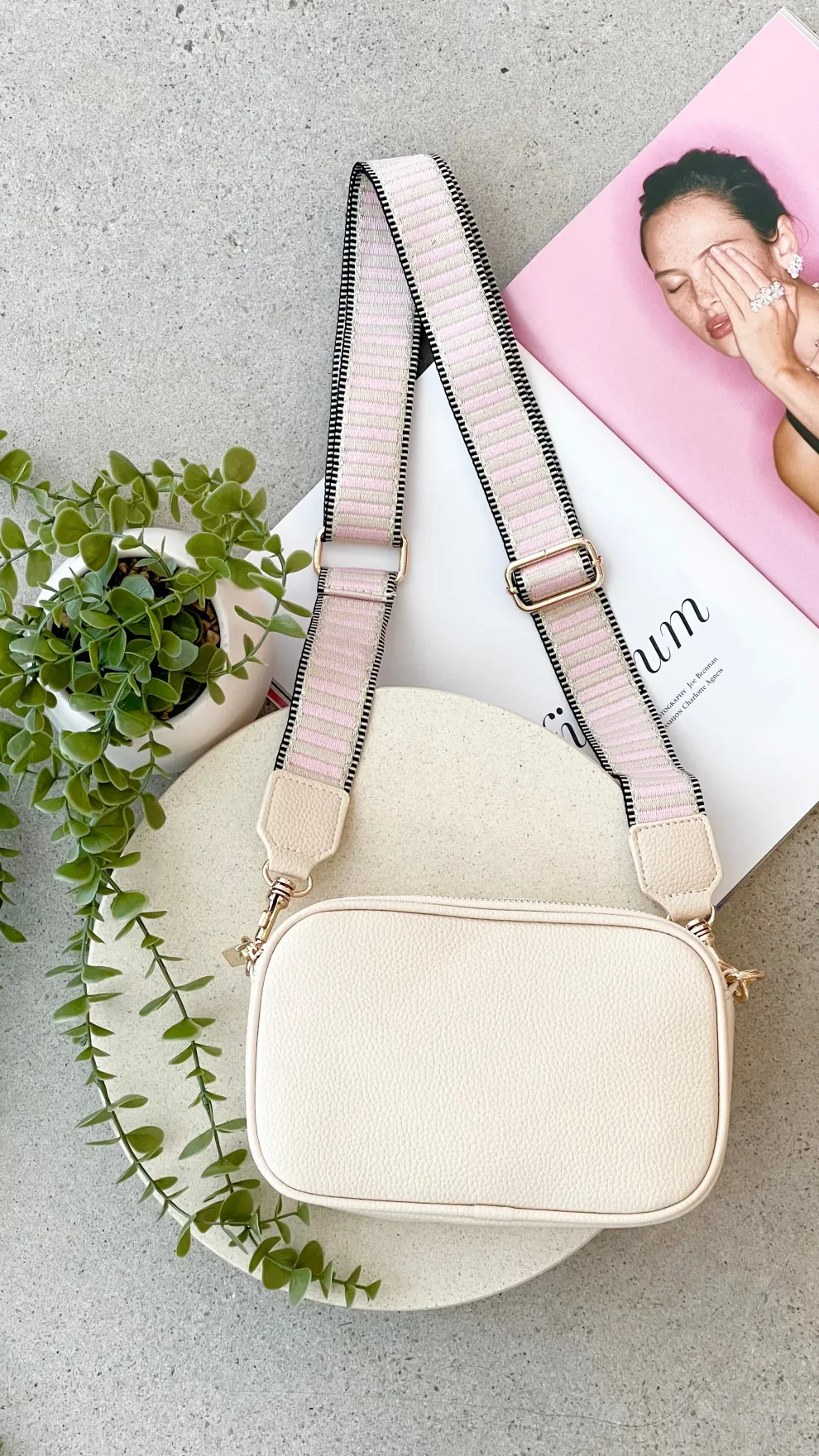 Bella Striped Webbing Camera Bag - Cream / Pink