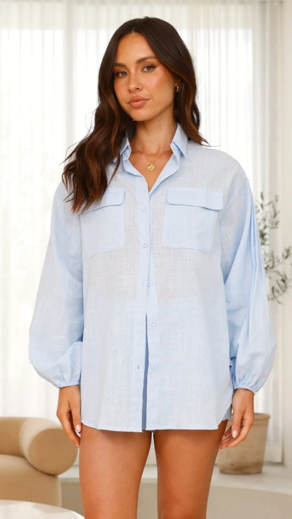 Bianca Oversized Button Up Shirt - Blue