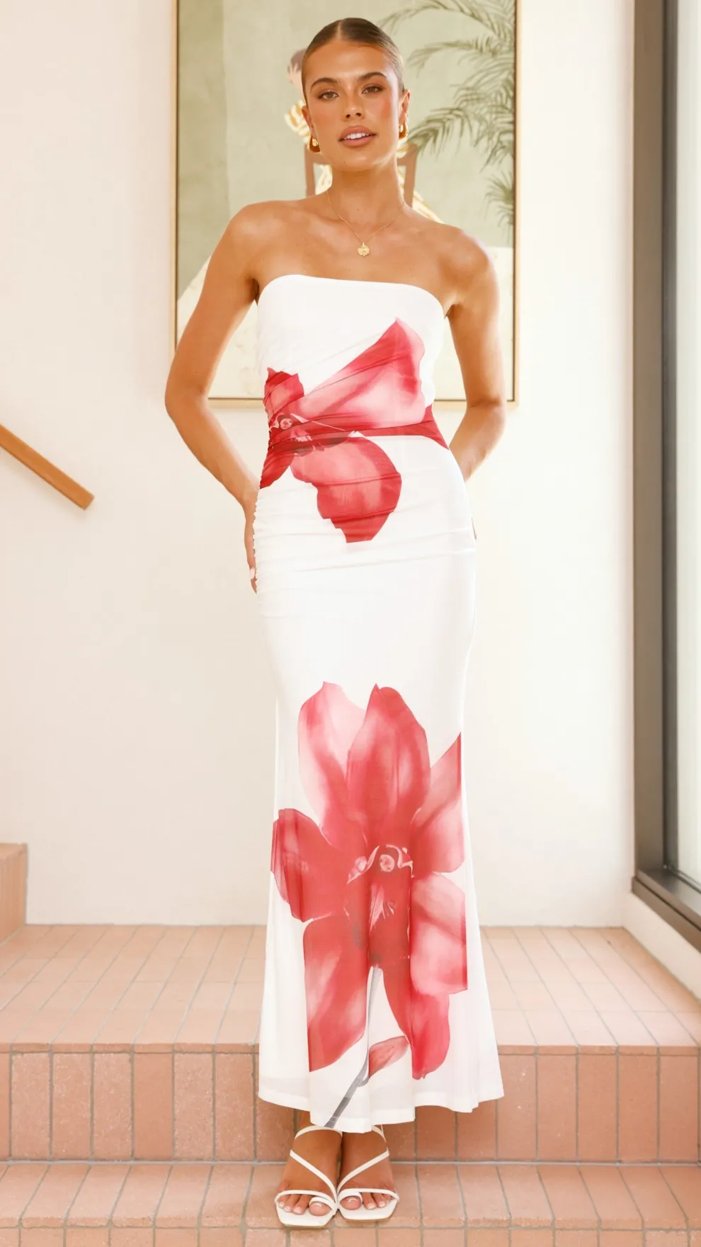 Brittani Strapless Maxi Dress - White/Red