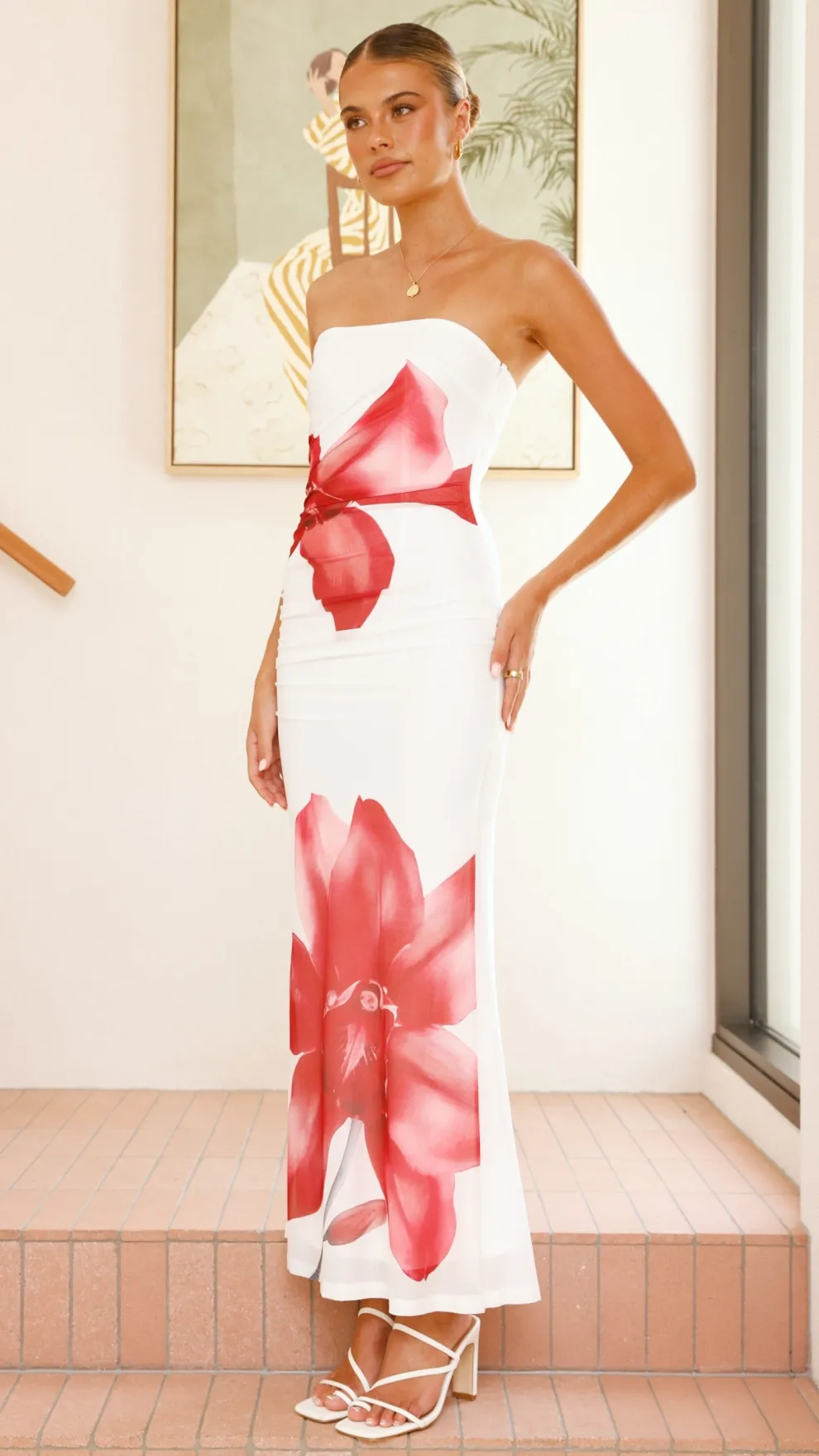 Brittani Strapless Maxi Dress - White/Red