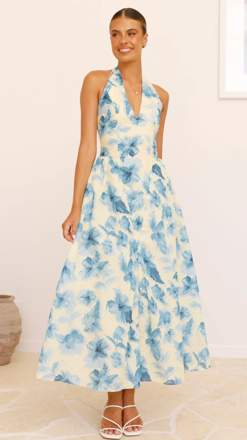 Bryony Halter Neck Maxi Dress - Yellow/Blue Floral