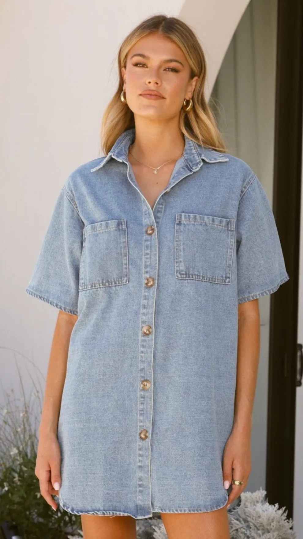 Chaney Button Up Mini Dress - Medium Denim