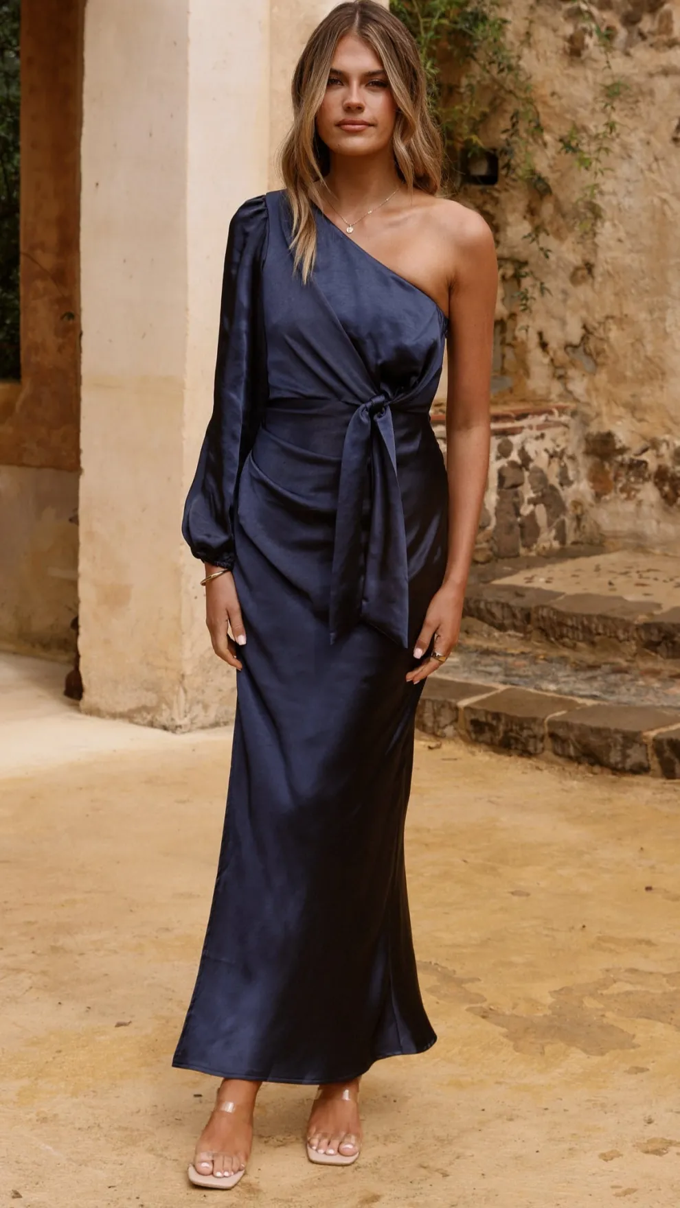Eden One Shoulder Tie Front Maxi Dress - Navy