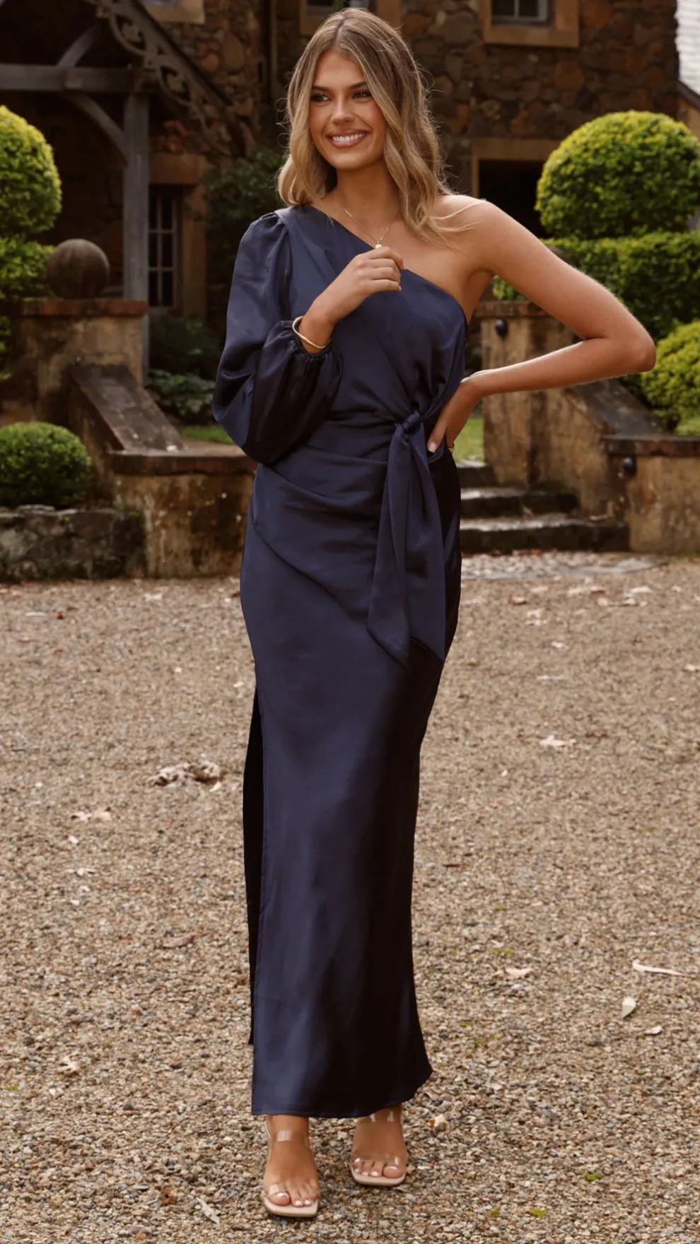 Eden One Shoulder Tie Front Maxi Dress - Navy
