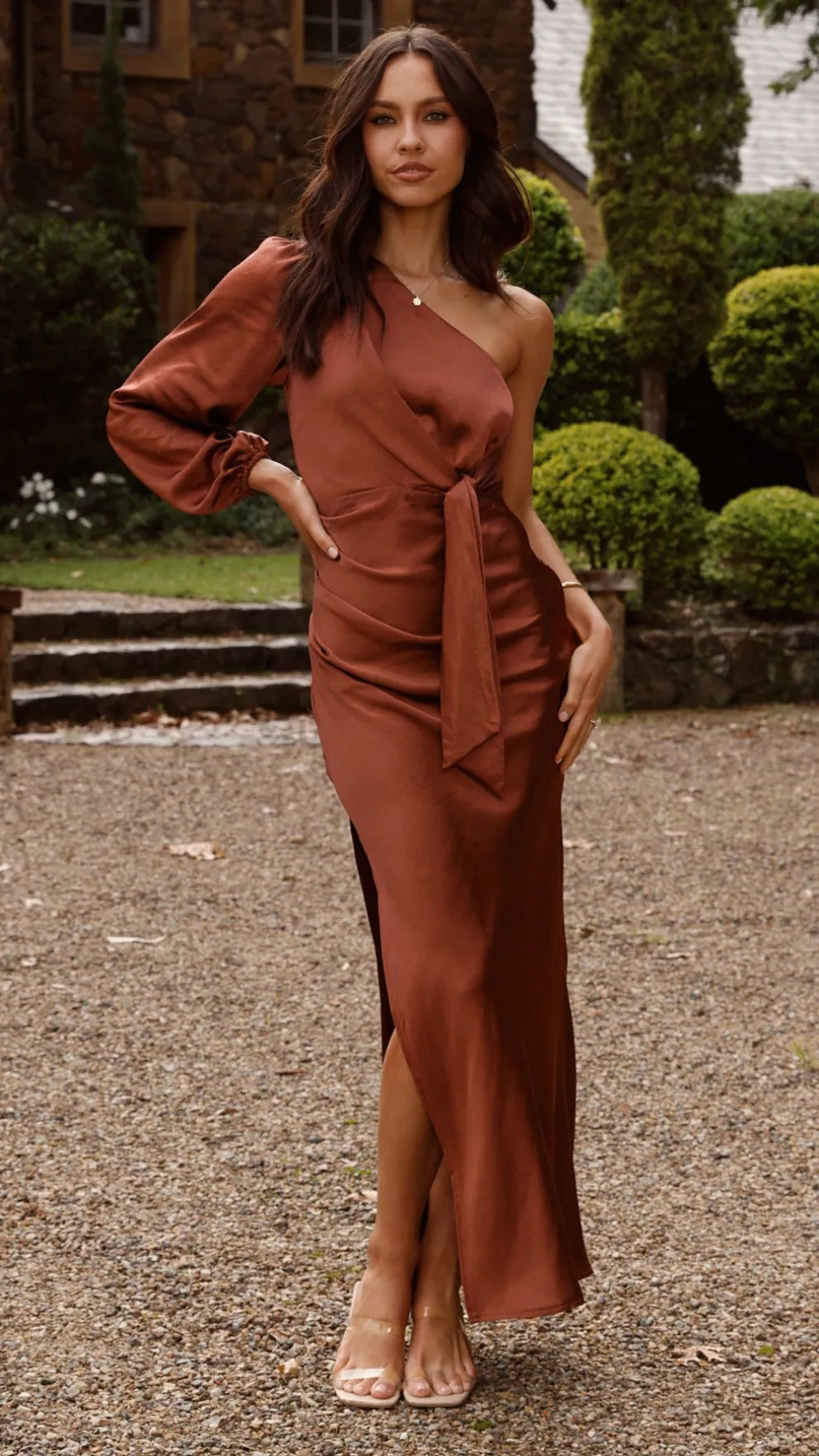 Eden One Shoulder Tie Front Maxi Dress - Rust