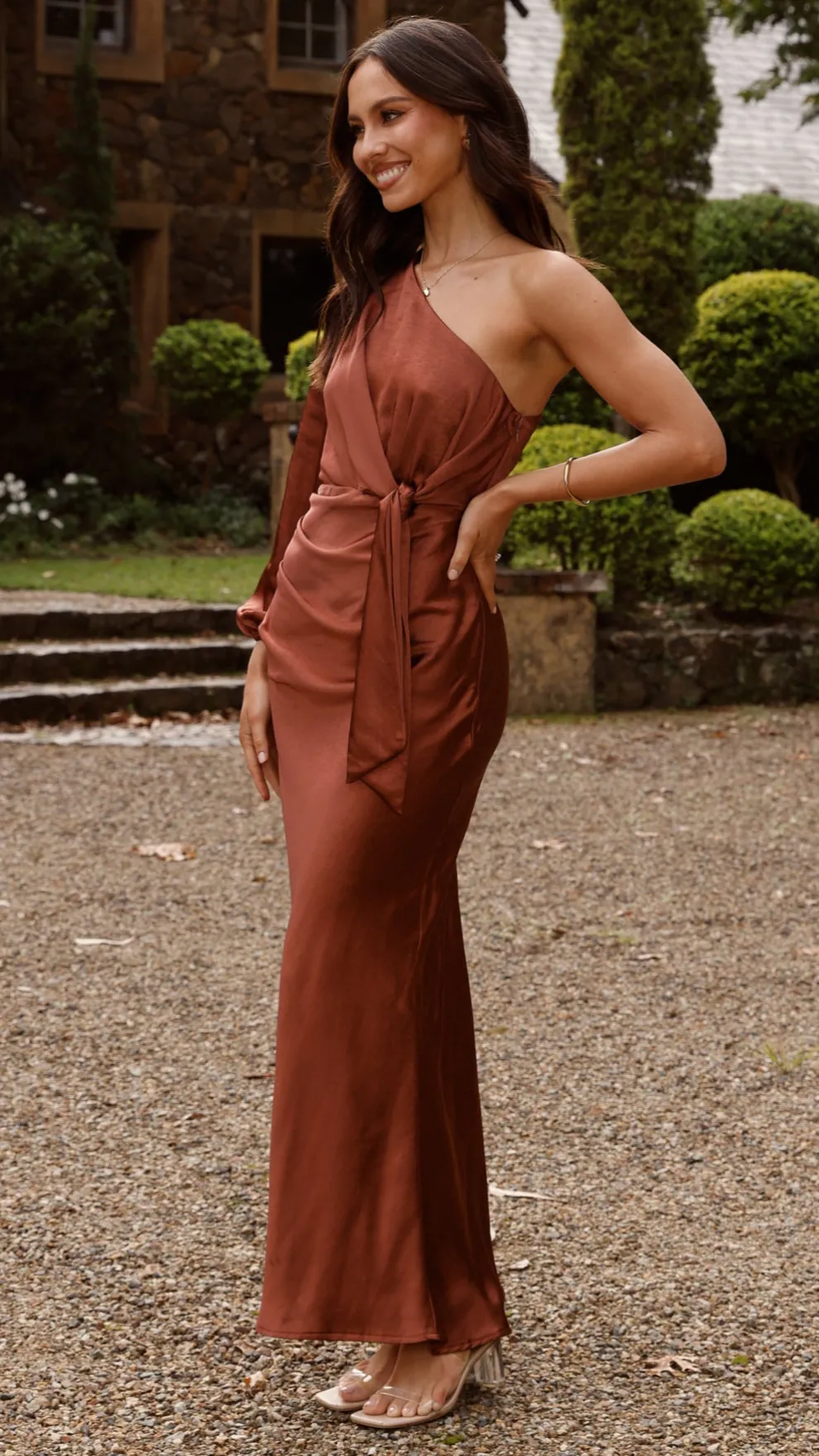 Eden One Shoulder Tie Front Maxi Dress - Rust