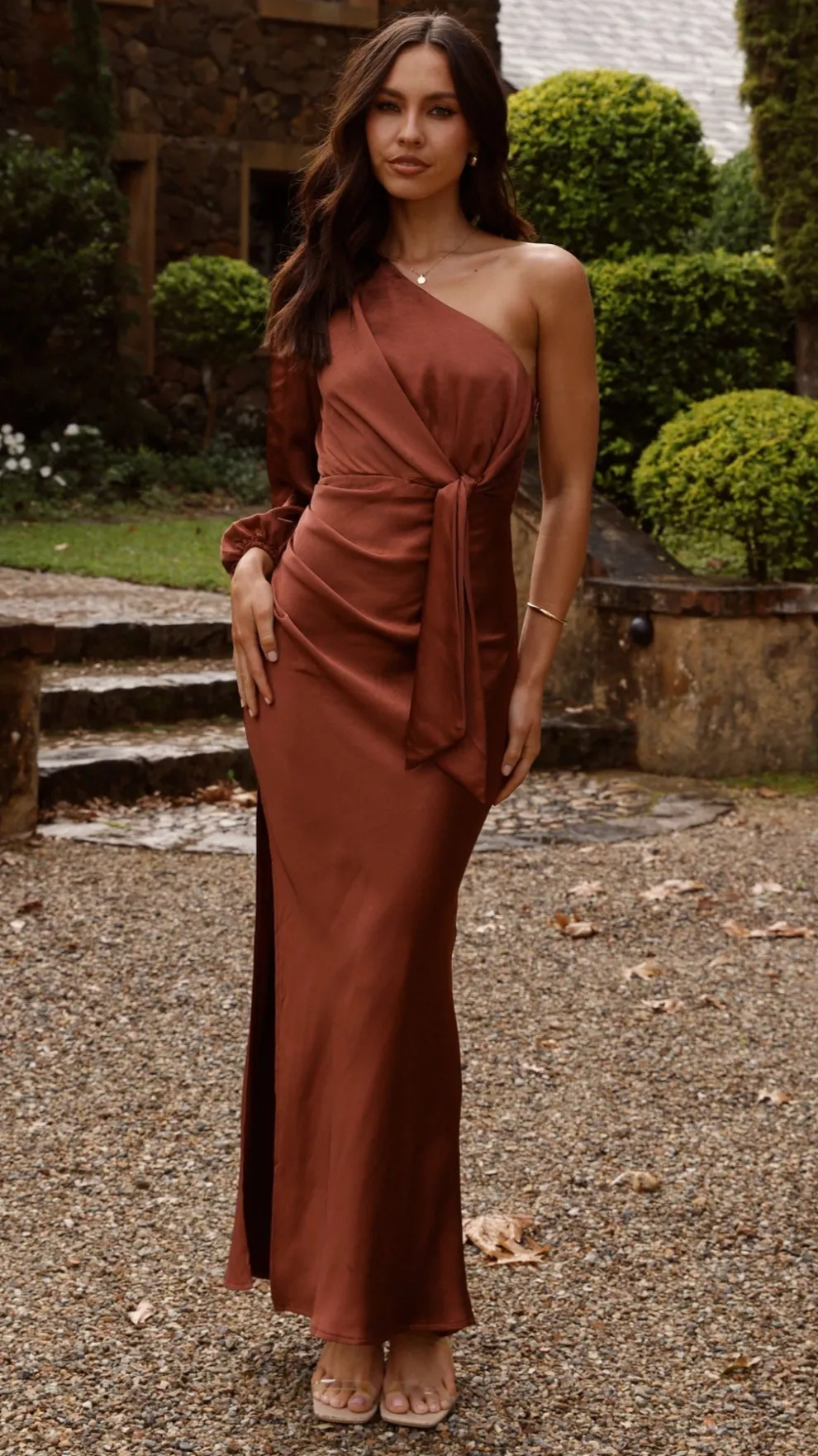 Eden One Shoulder Tie Front Maxi Dress - Rust