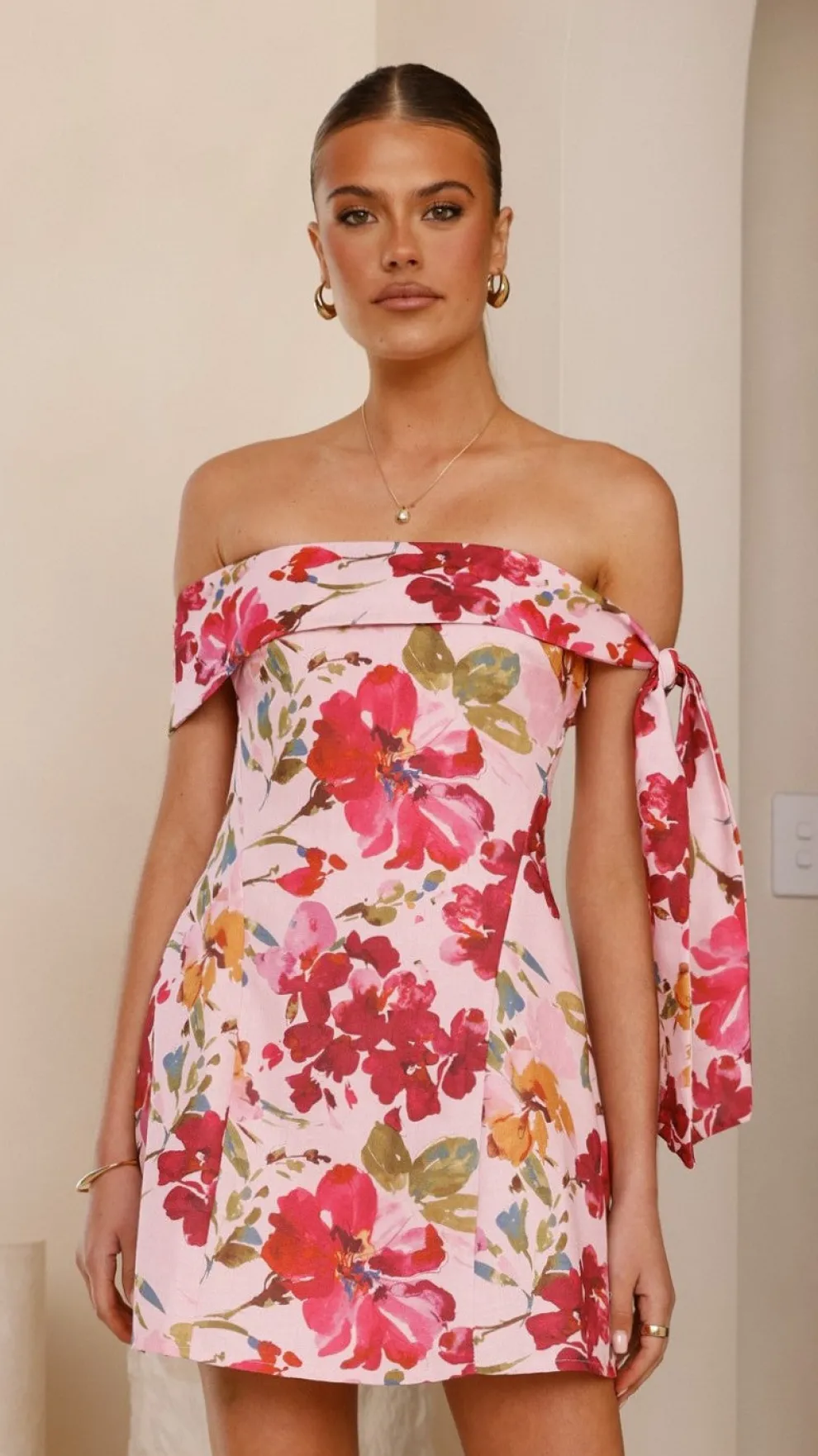 Halen Off Shoulder Mini Dress - Pink Floral
