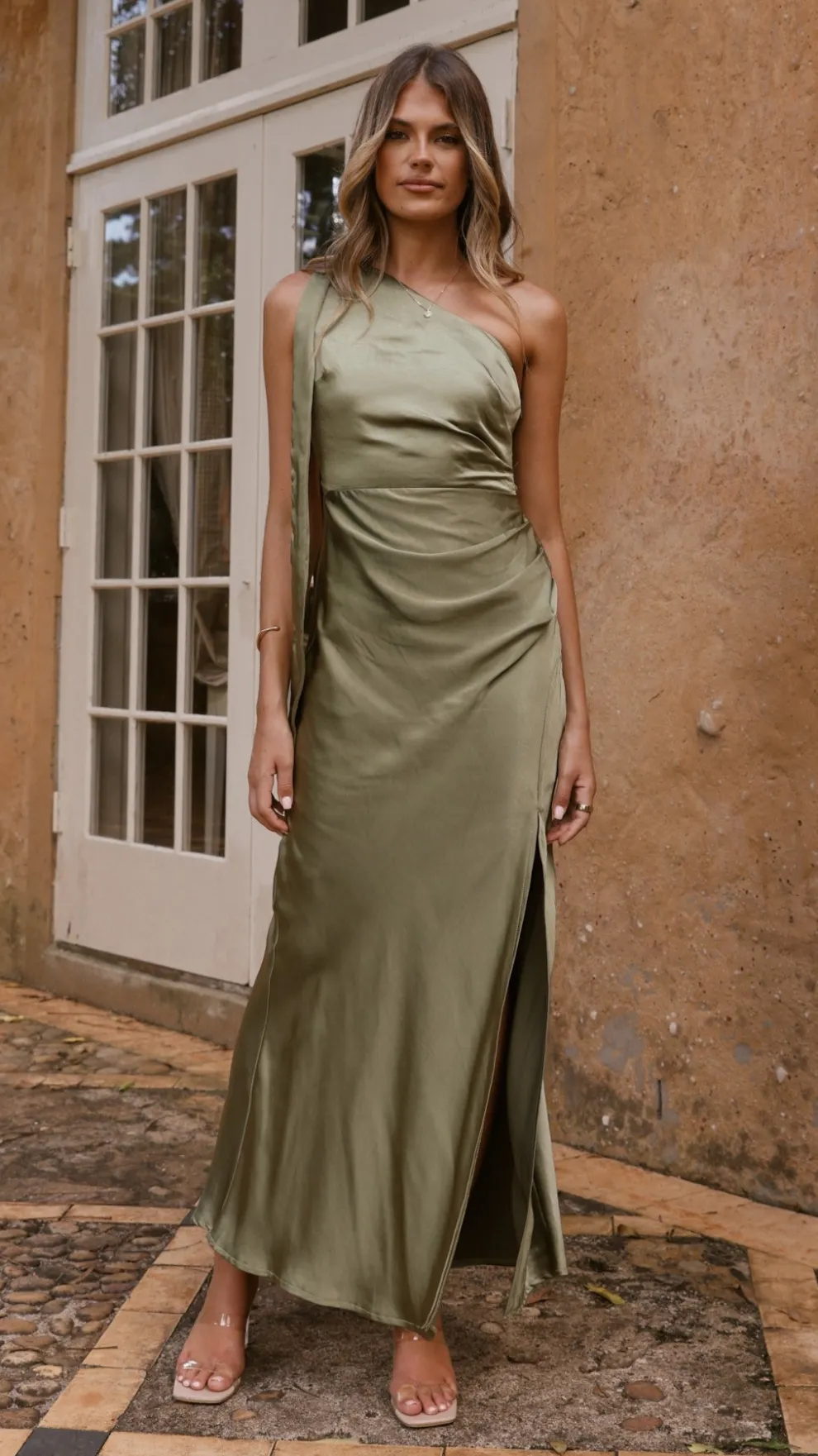 Halle One Shoulder Maxi Dress - Olive