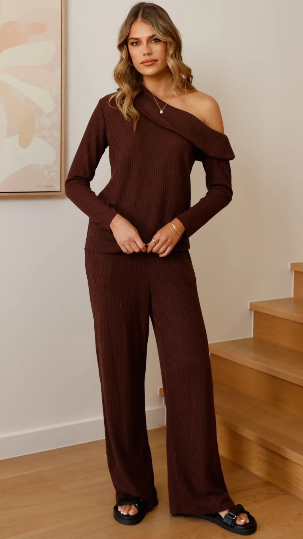 Harini Off Shoulder Long Sleeve Top and Pants Set - Chocolate