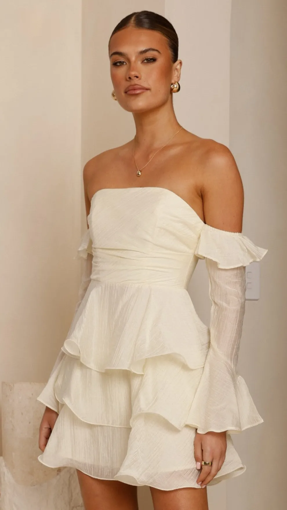 Harsha Off Shoulder Long Sleeve Mini Dress - Cream