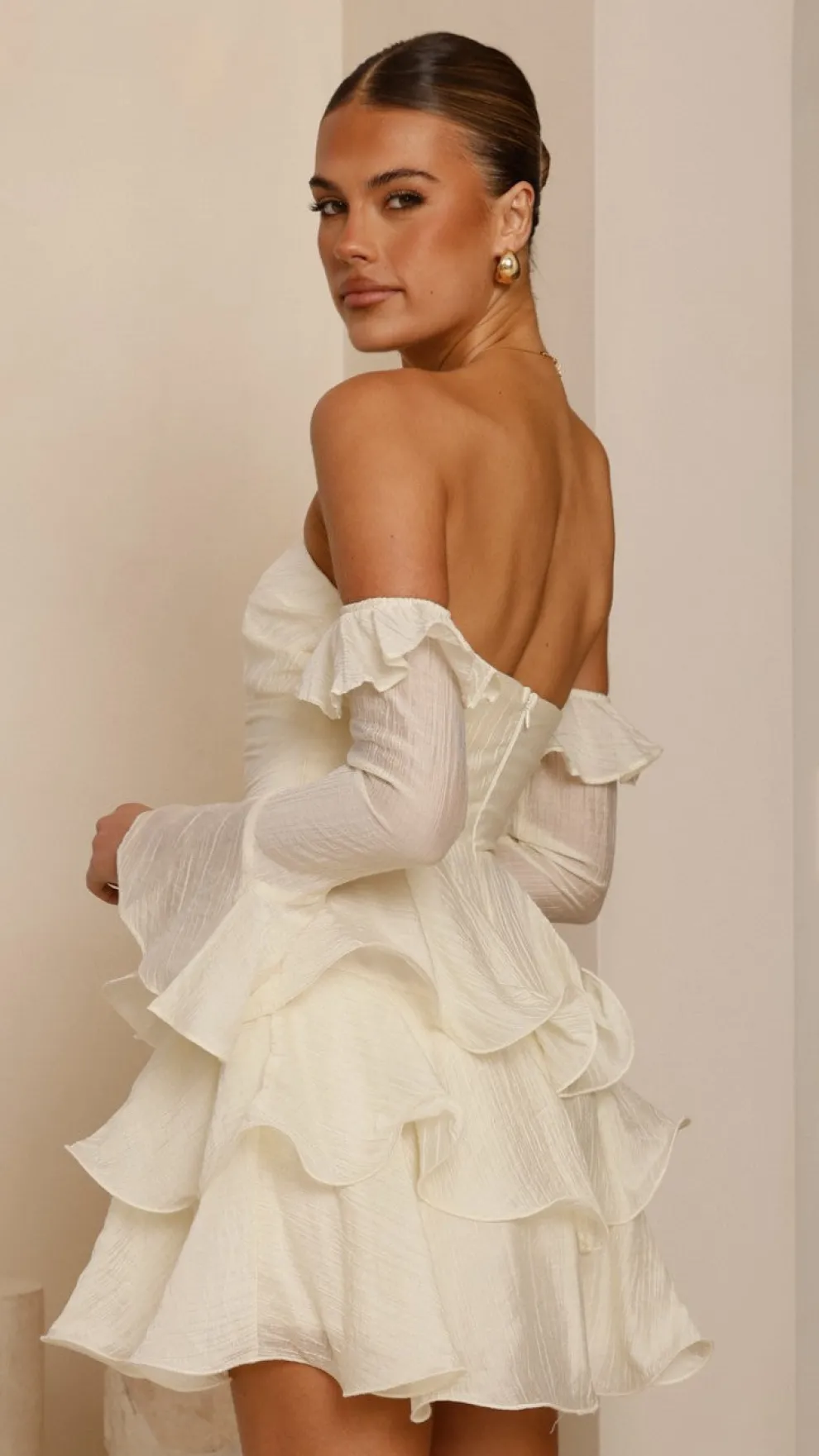 Harsha Off Shoulder Long Sleeve Mini Dress - Cream