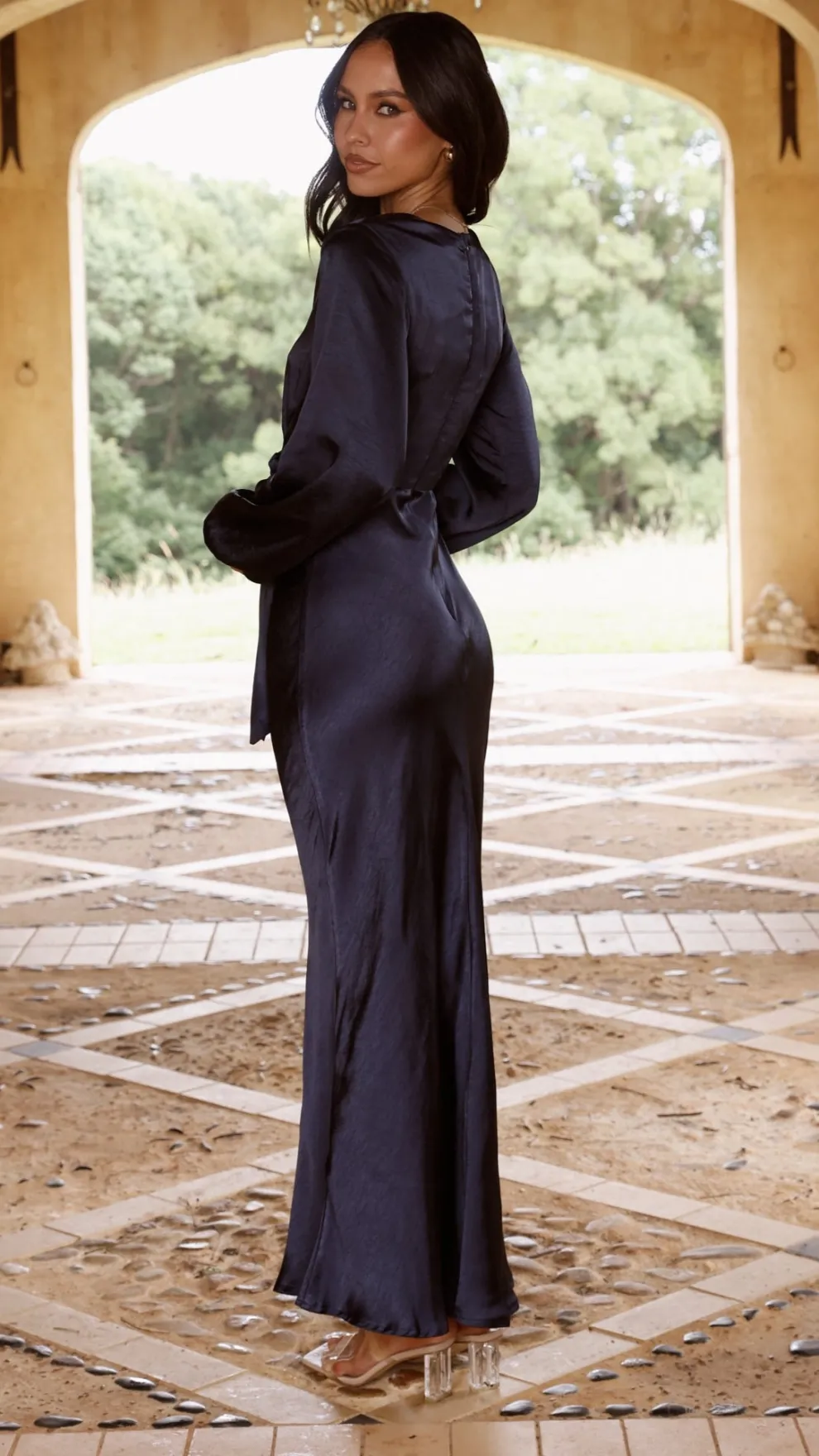 Ivy Long Sleeve Tie Front Maxi Dress - Navy