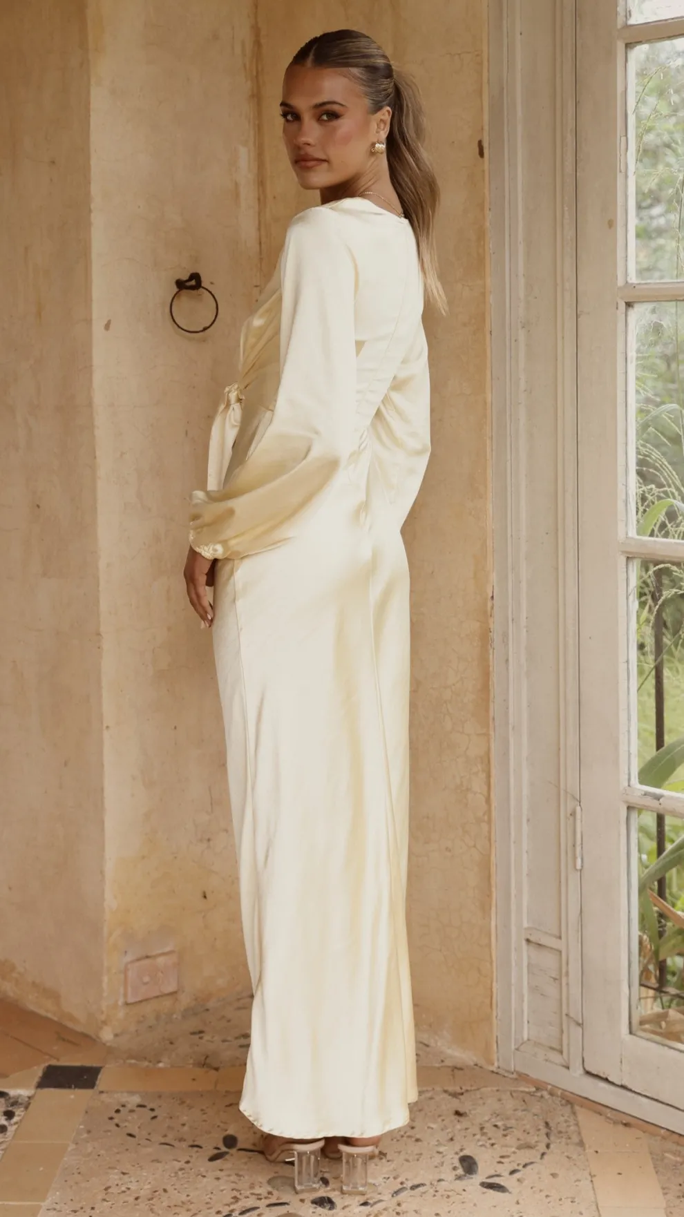 Ivy Long Sleeve Tie Front Maxi Dress - Yellow