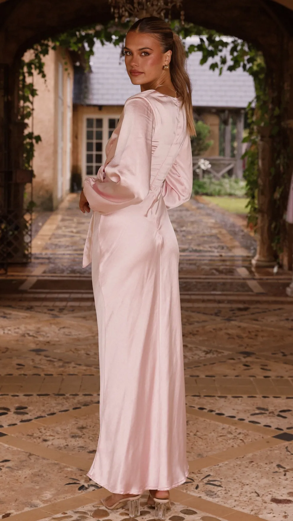 Ivy Long Sleeve Tie Front Maxi Dress - Pink