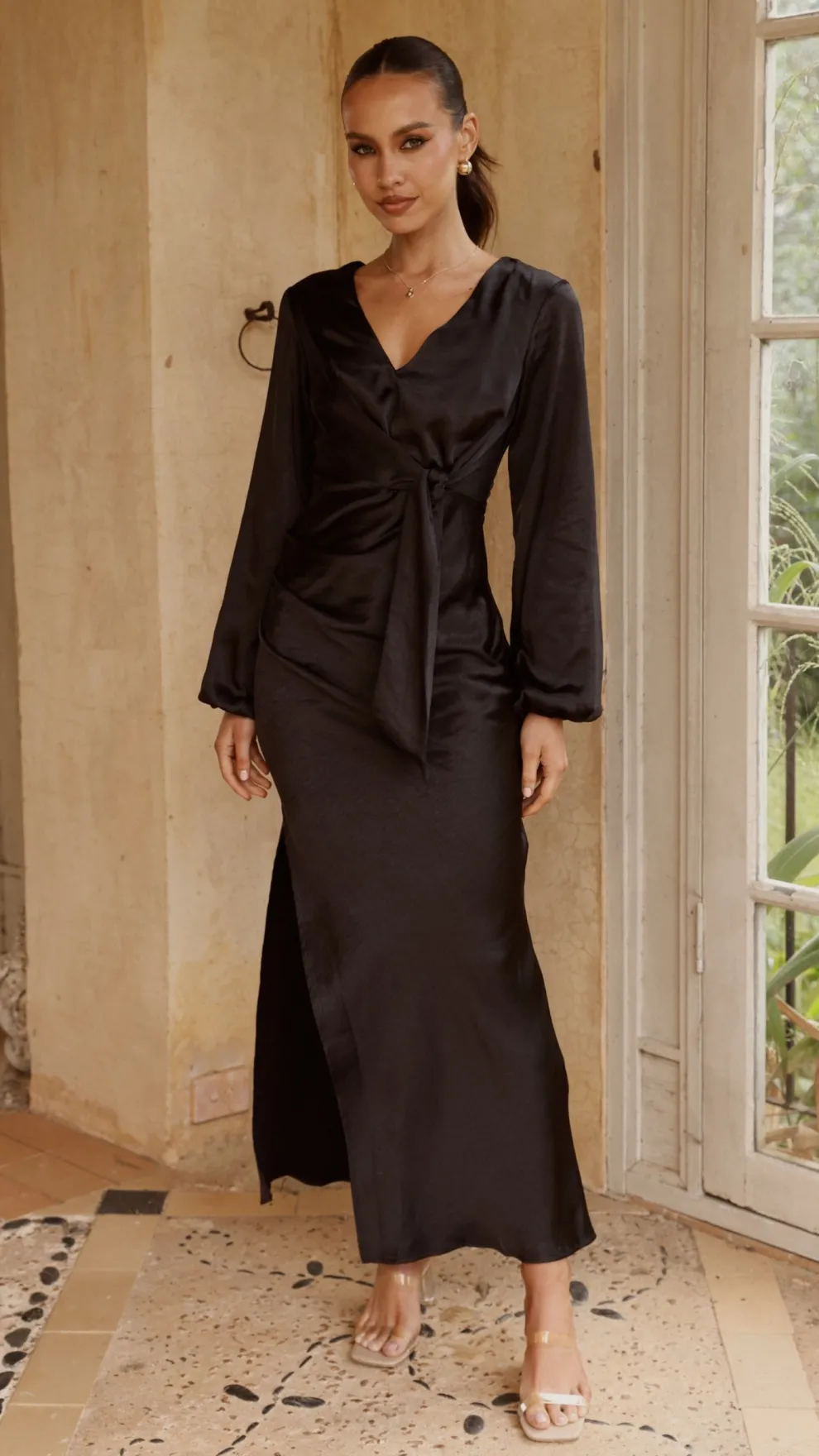 Ivy Long Sleeve Tie Front Maxi Dress - Black