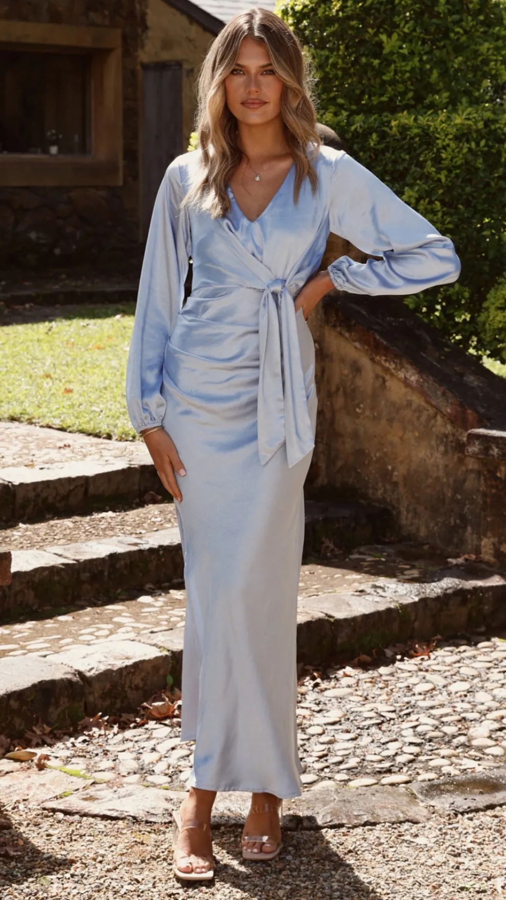 Ivy Long Sleeve Tie Front Maxi Dress - Blue