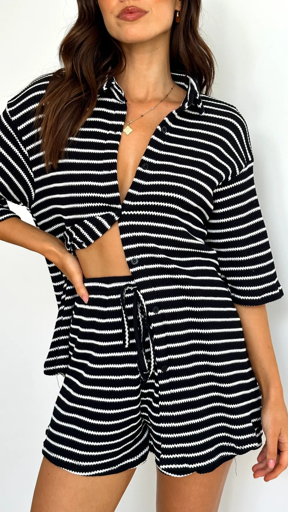 Lacole Button Up Shirt and Shorts Set - Black / White Stripe
