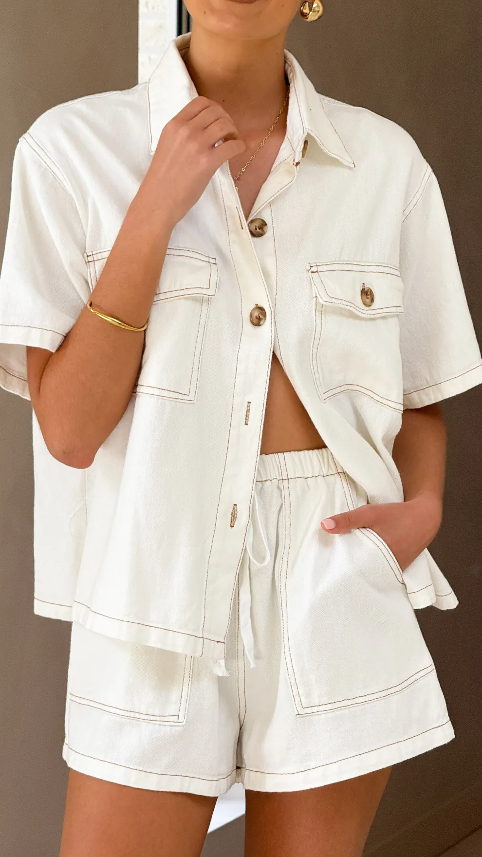 Loretta Button Up and Shorts Set - White Denim