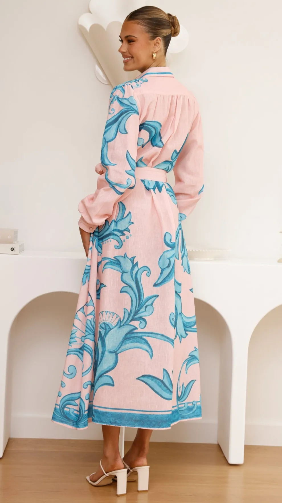 Lucia Long Sleeve Maxi Dress - Aqua/Pink Print