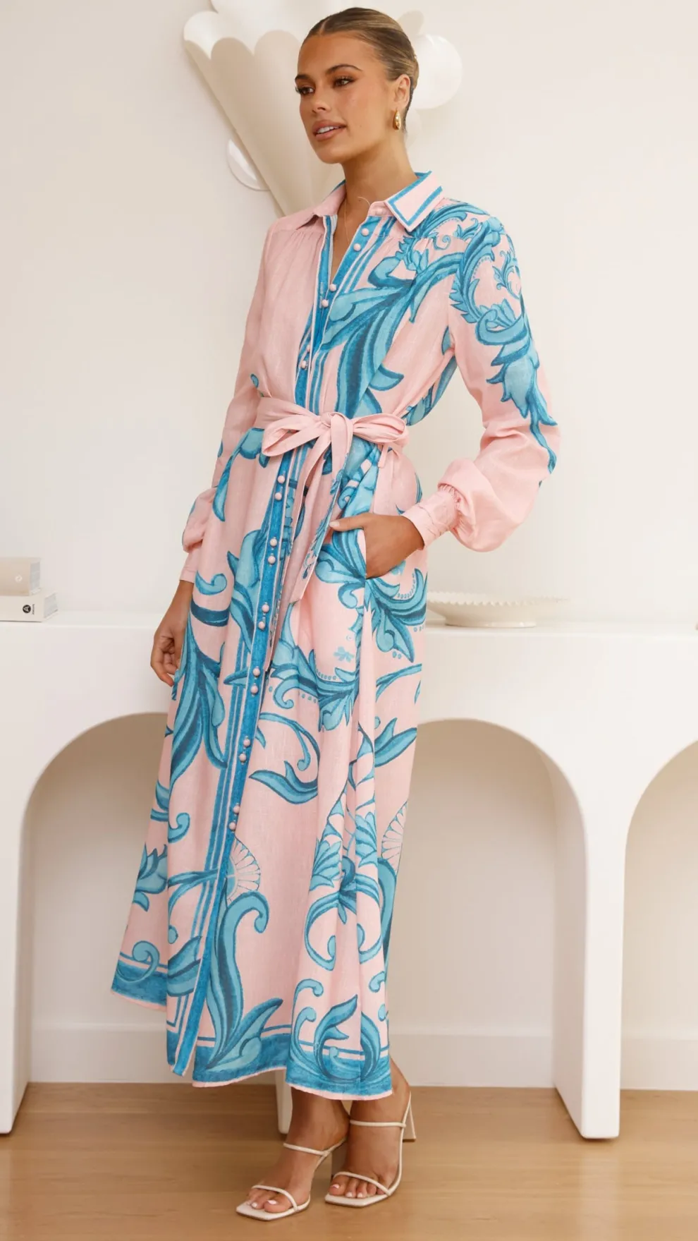 Lucia Long Sleeve Maxi Dress - Aqua/Pink Print