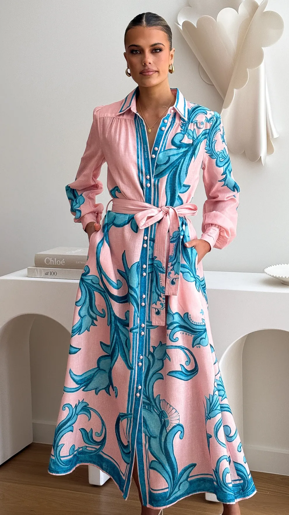 Lucia Long Sleeve Maxi Dress - Aqua/Pink Print
