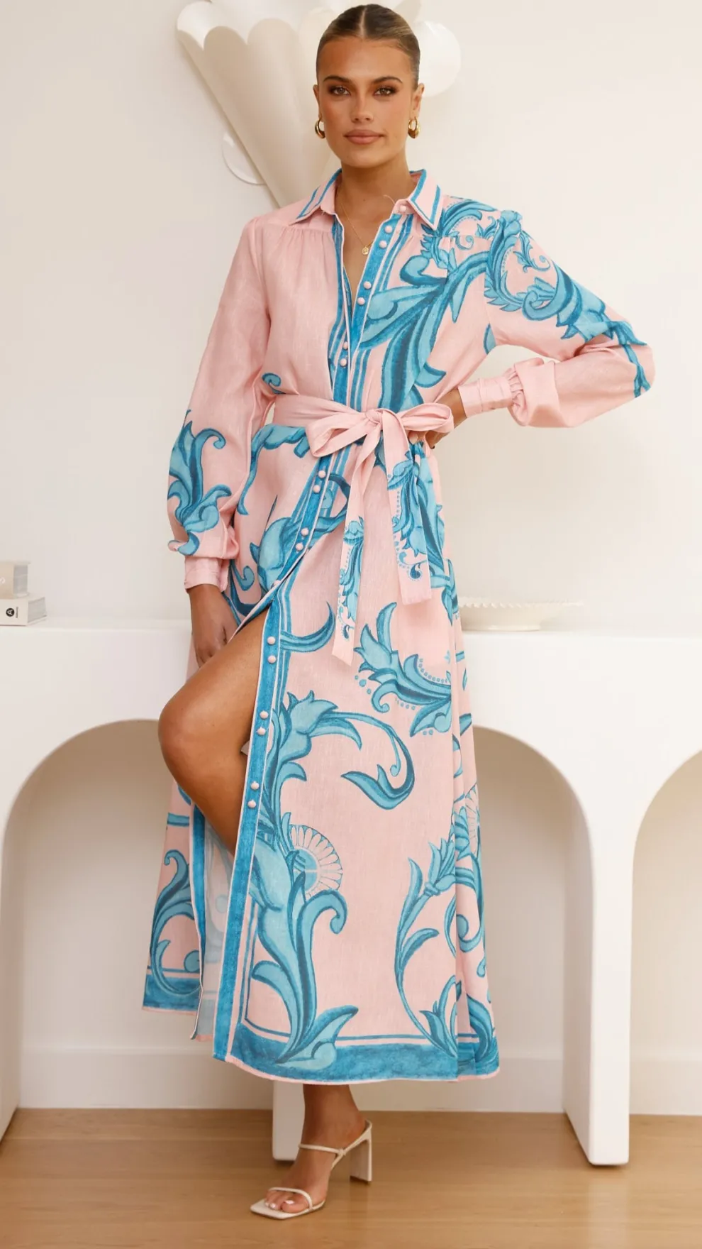 Lucia Long Sleeve Maxi Dress - Aqua/Pink Print
