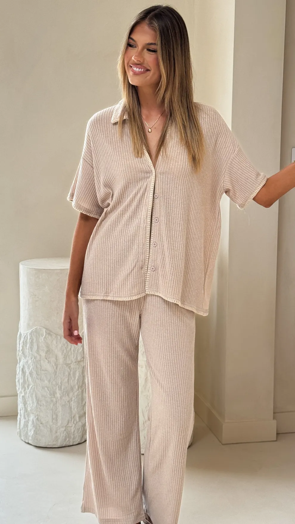 Madian Button Up Shirt and Pants Set - Taupe