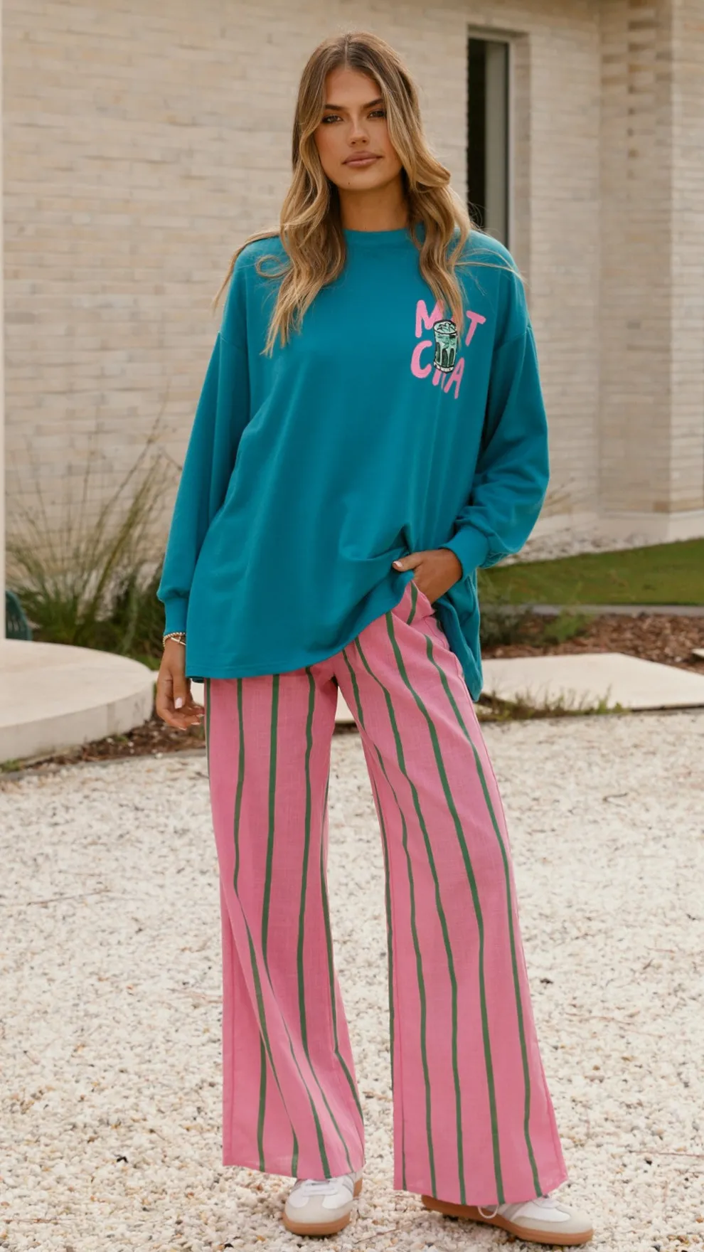 Matcha Long Sleeve Top and Pants Set - Teal / Pink