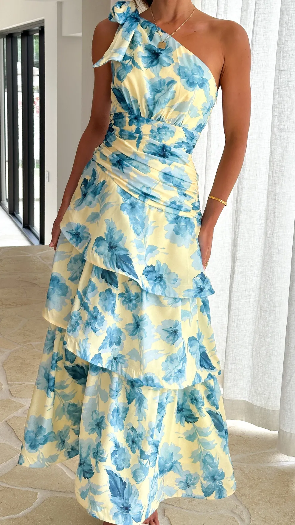 Odilie One Shoulder Maxi Dress - Yellow/Blue Floral