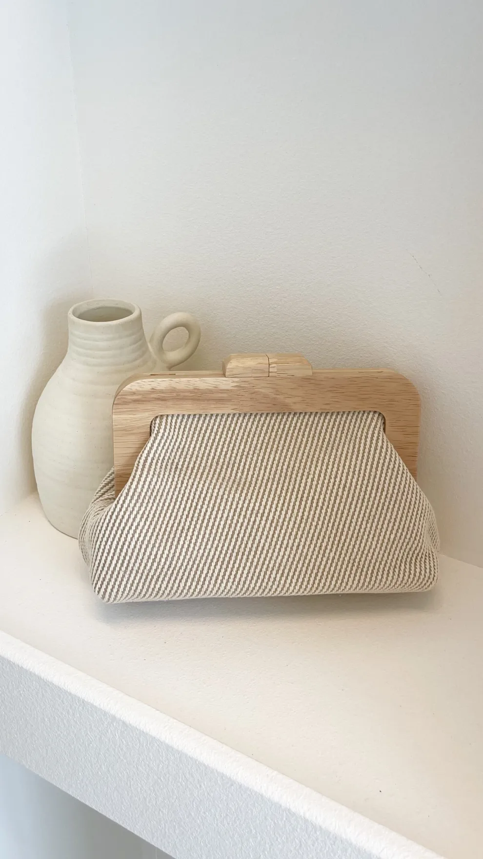 Tessa Fabric Weave Timber Frame Clutch - Camel / Natural
