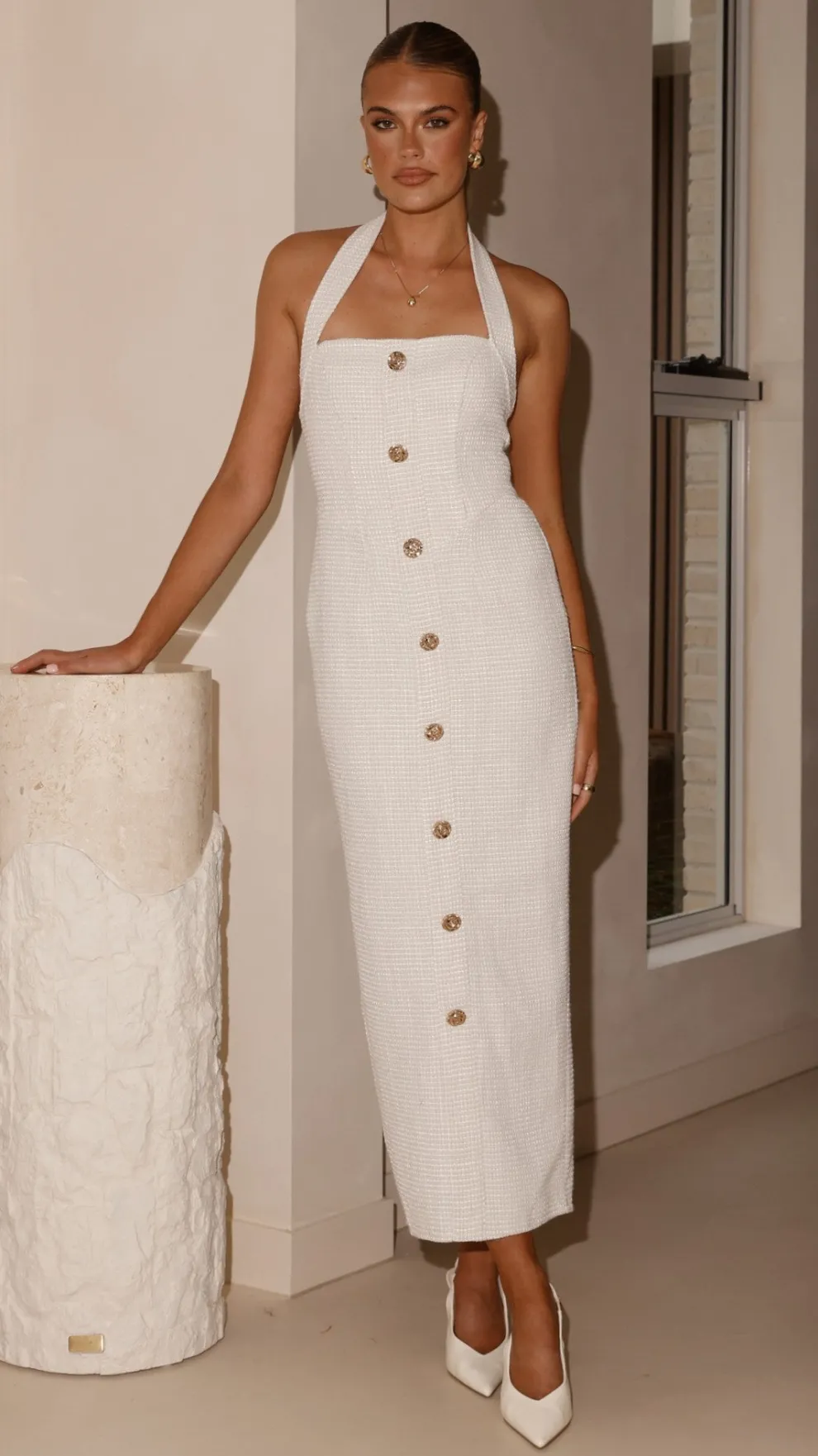 Tierra Button Midi Dress - White