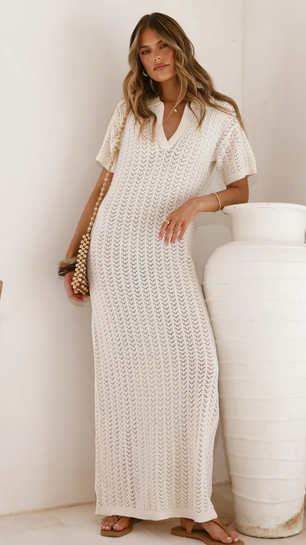 Tiffy Crochet Short Sleeve Maxi Dress - White