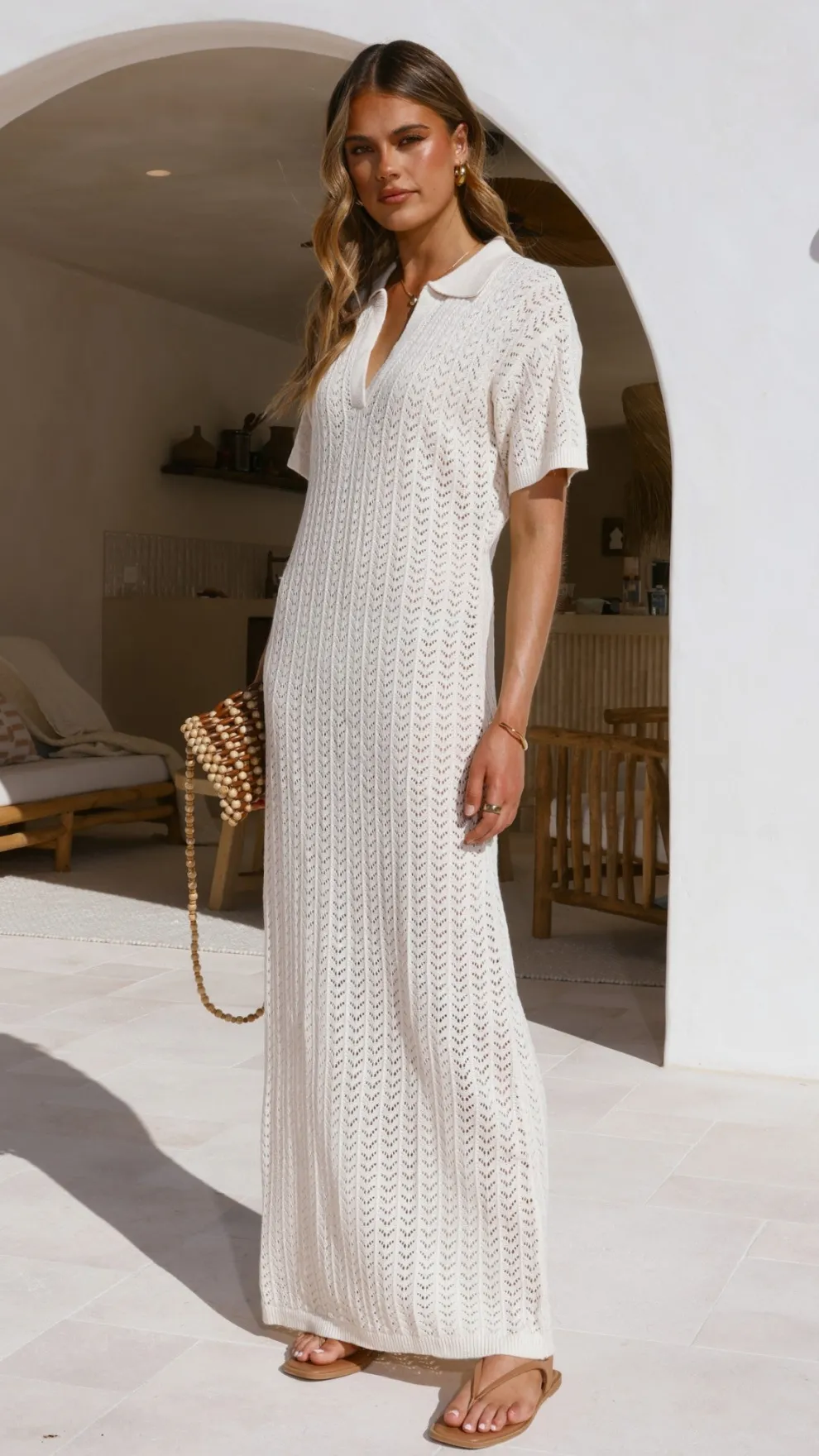Tiffy Crochet Short Sleeve Maxi Dress - White
