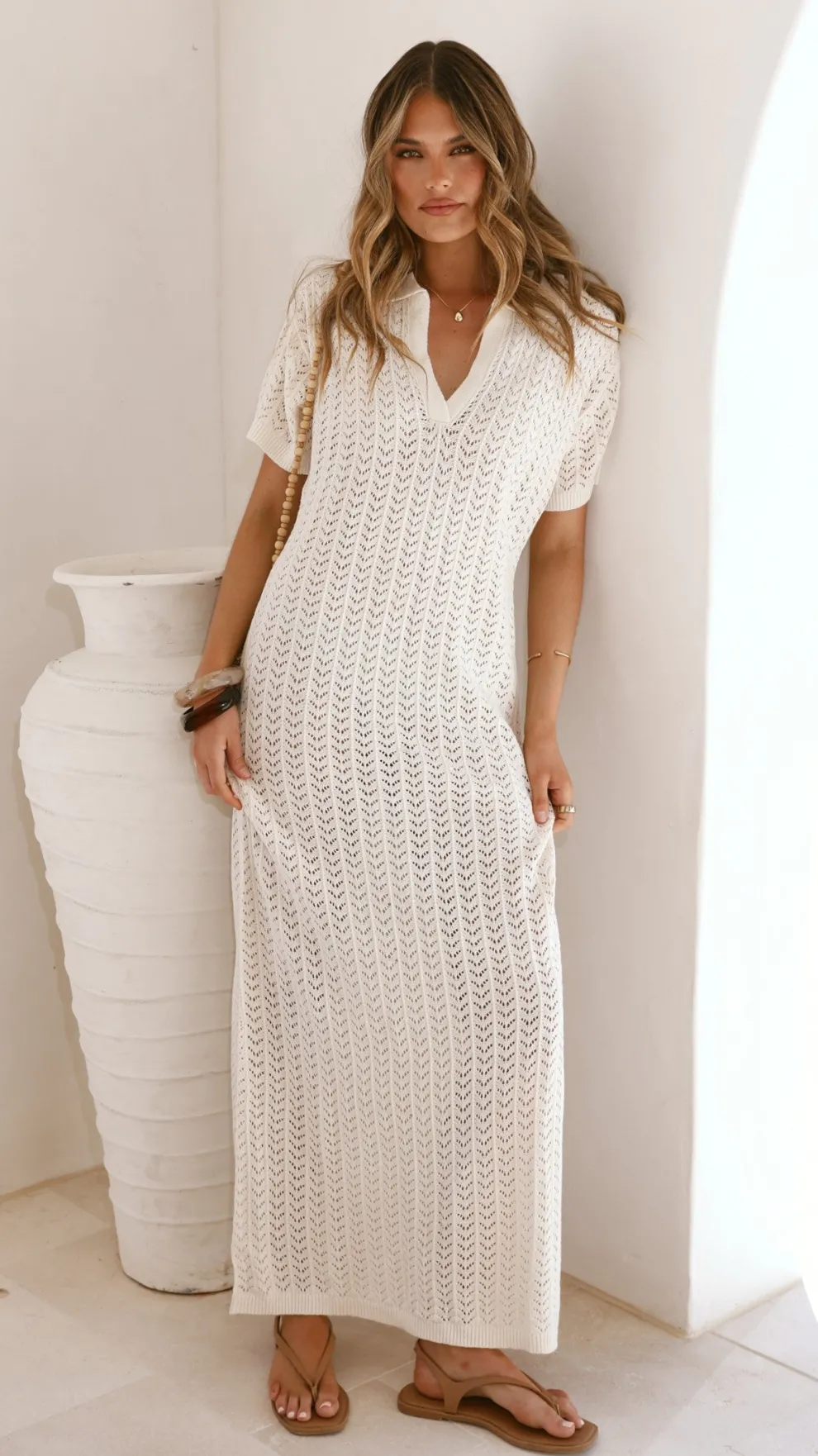 Tiffy Crochet Short Sleeve Maxi Dress - White
