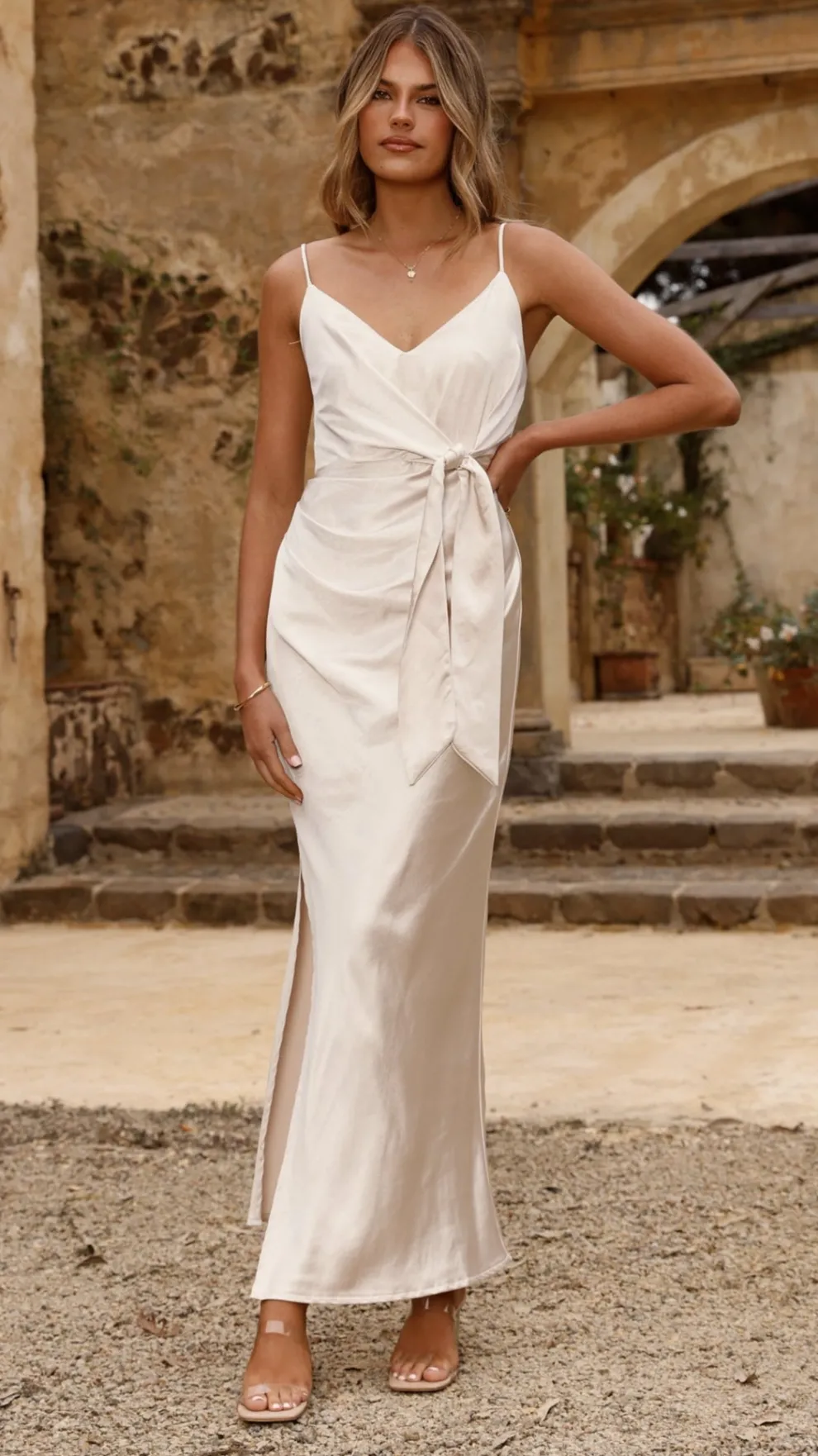 Yasmeen Tie Front Maxi Dress - Champagne