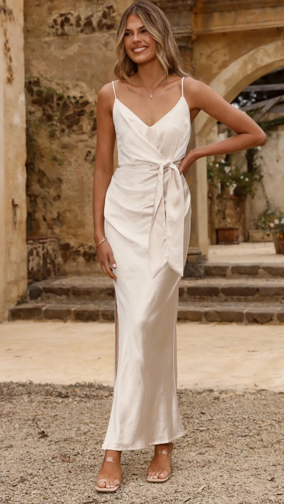 Yasmeen Tie Front Maxi Dress - Champagne