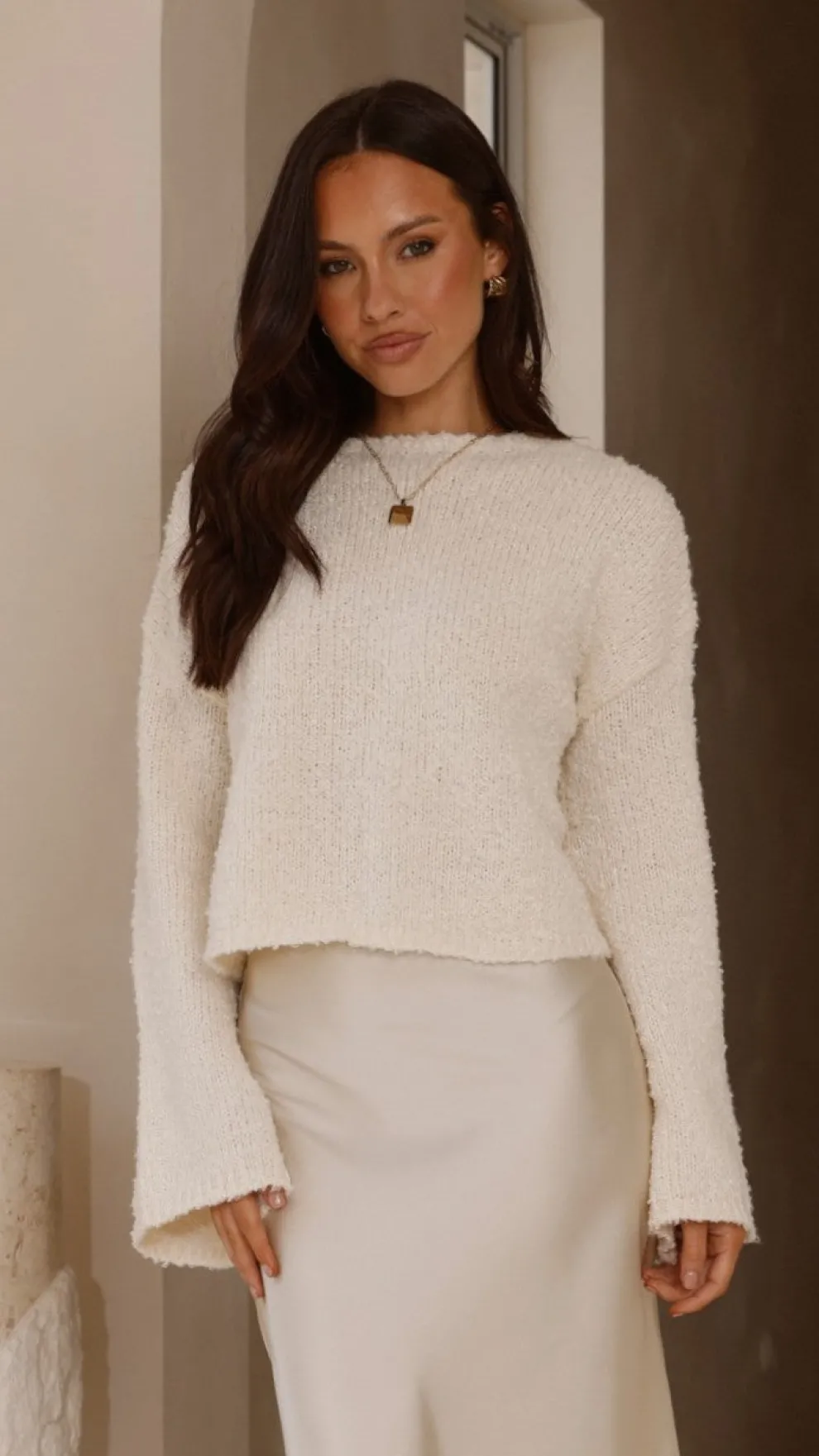 Zala Cropped Knit Sweater - Cream